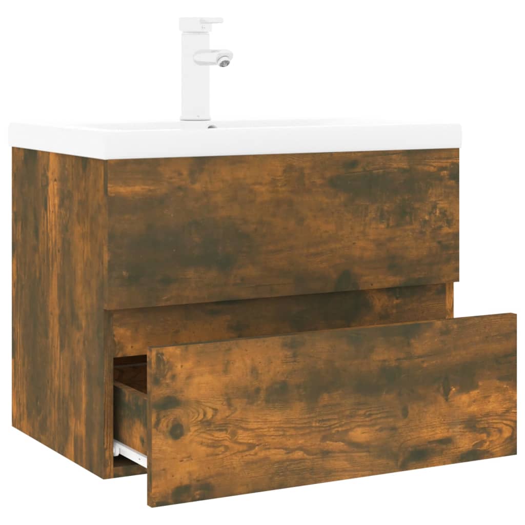 Sink cabinet in smoked oak engineered wood, featuring a white built-in basin and a sleek faucet, with a brown finish and a drawer for storage.
