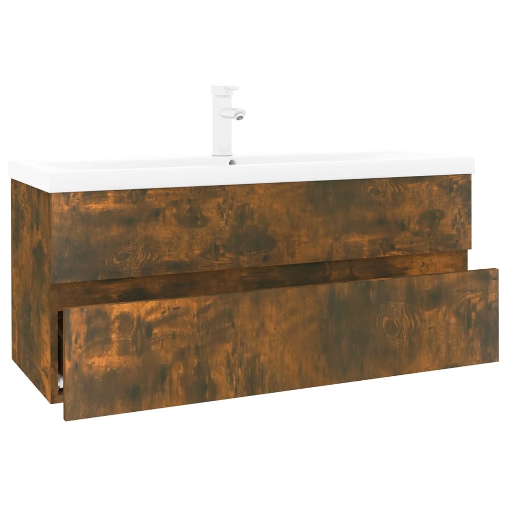 vidaXL 2 Drawer Smoked Oak and White Sink Cabinet with Basin - image 2