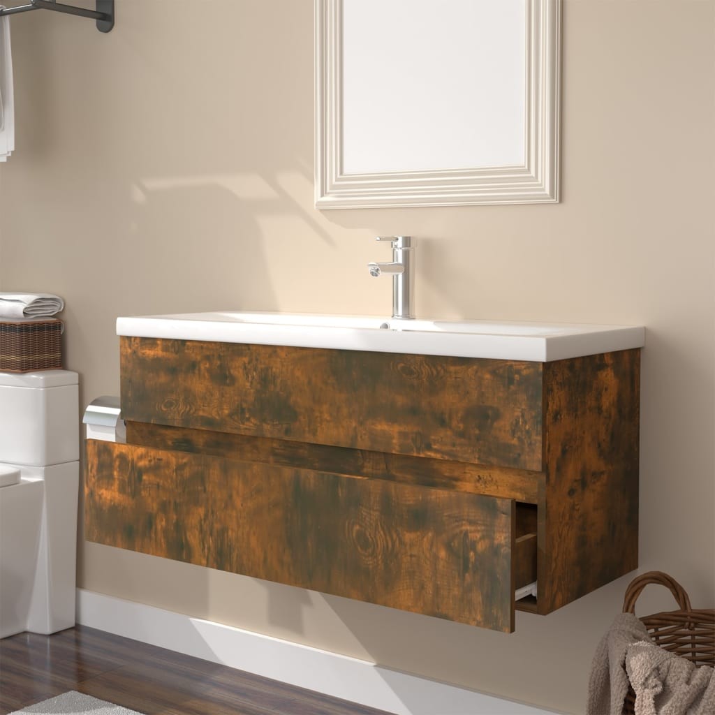 vidaXL 2 Drawer Smoked Oak and White Sink Cabinet with Basin - image 3