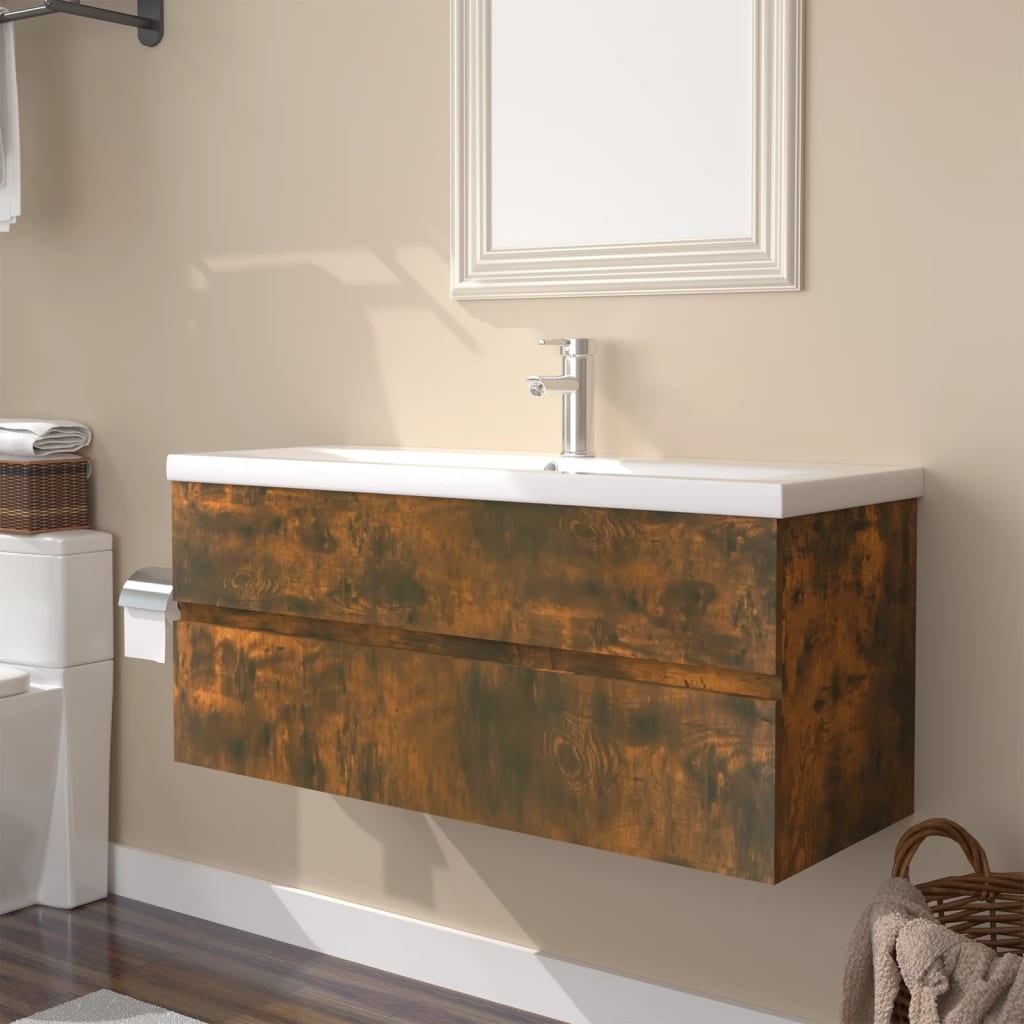 Sink cabinet in smoked oak engineered wood with a brown finish, featuring a built-in white basin and two spacious drawers, ideal for modern bathroom decor.