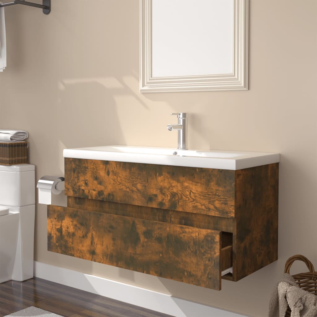 vidaXL 2 Drawer Smoked Oak Sink Cabinet with Built in Basin - image 3