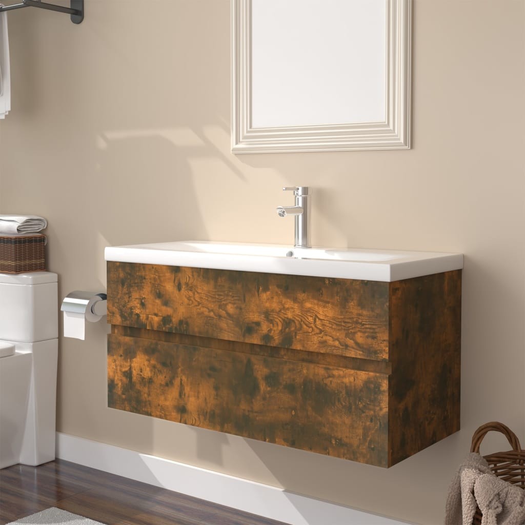 Smoked oak engineered wood sink cabinet featuring a sleek white basin, two spacious drawers, and a modern design, ideal for contemporary bathrooms.