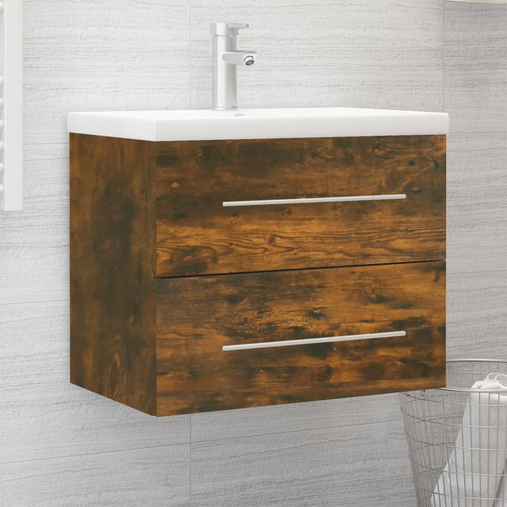 Sink cabinet in smoked oak engineered wood, featuring a white built-in basin, two brown drawers with sleek silver handles, ideal for modern bathroom decor.