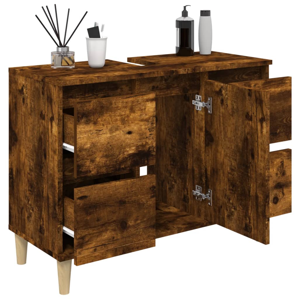 vidaXL Single Door 4 Drawer Smoked Oak Washbasin Cabinet - image 4