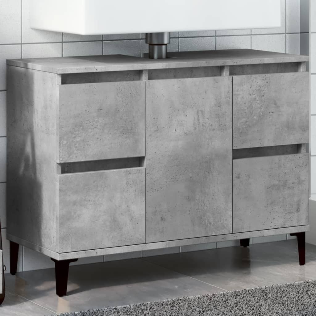 Concrete grey sink cabinet made of engineered wood, featuring four doors with minimalist handles and sleek wooden legs, measuring 80x33x60 cm.