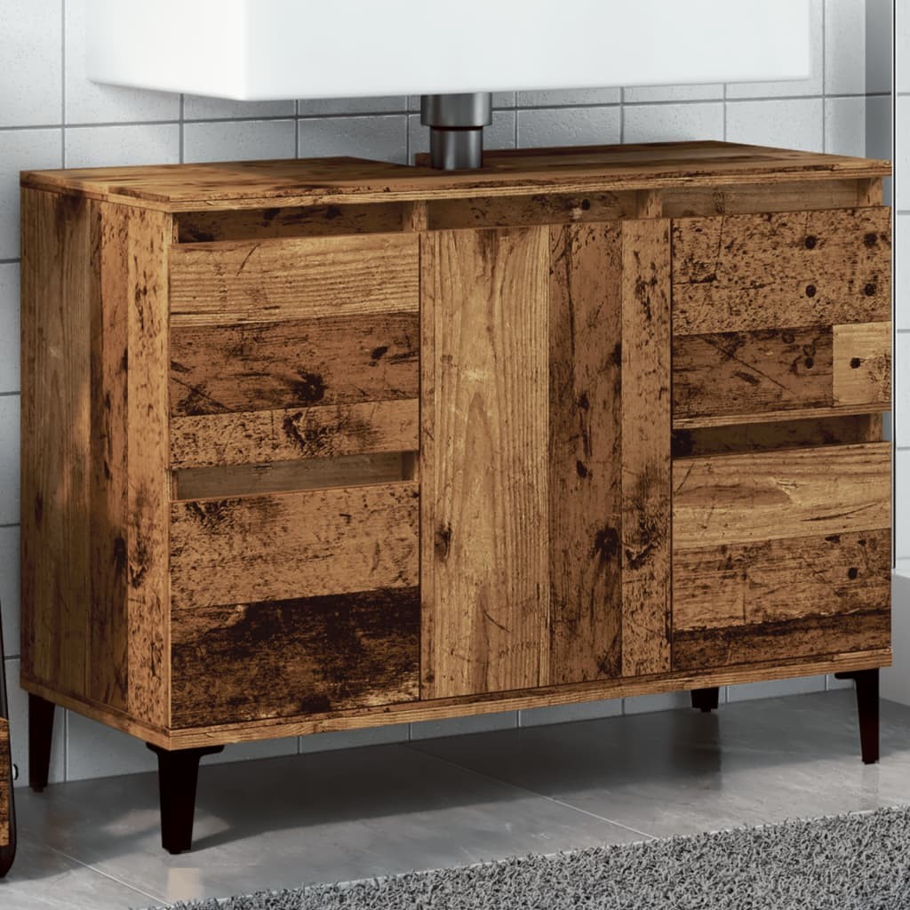 Sink cabinet made of engineered wood with an old wood finish, featuring two doors and four drawers, supported by sleek black legs, ideal for bathroom storage.