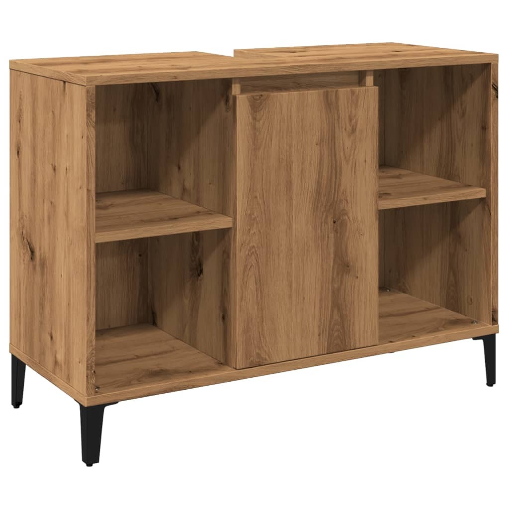 Sink cabinet in artisan oak finish, featuring engineered wood construction, two open shelves, and a central door, supported by black legs. Dimensions: 80x33x60 cm.