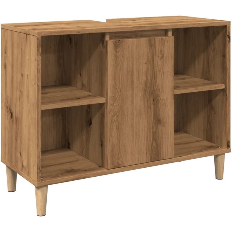 Stylish bathroom cabinet in artisan oak finish, featuring a central door flanked by open shelves, sturdy engineered wood construction, and tapered wooden legs.