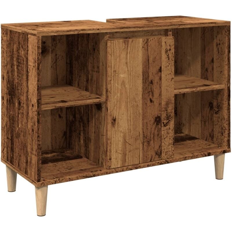 Bathroom cabinet in old wood finish, featuring two open shelves, a central cabinet door, and light wooden legs, measuring 80x33x60 cm, made from engineered wood.