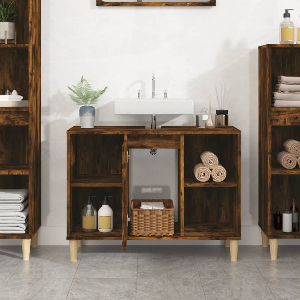 vidaXL Single Door 4 Open Shelf Smoked Oak Bathroom Sink Cabinet - image 3