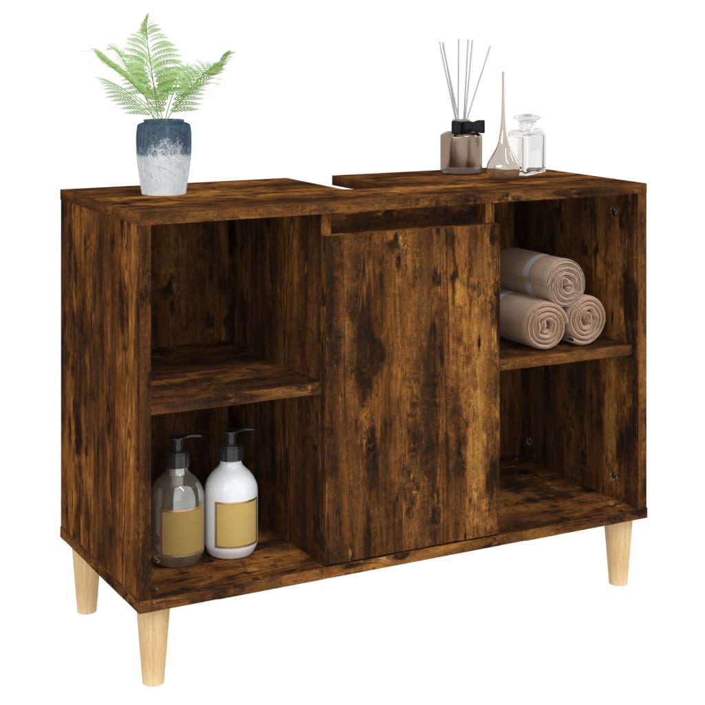 vidaXL Single Door 4 Open Shelf Smoked Oak Bathroom Sink Cabinet - image 4