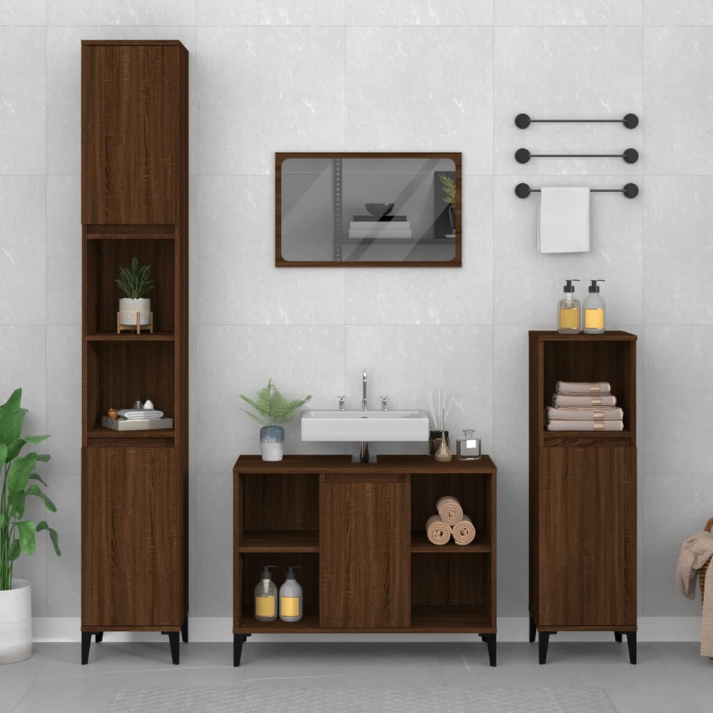 Brown oak sink cabinet made of engineered wood, featuring a central sink, open and closed storage spaces, complemented by tall storage units and a mirror above.