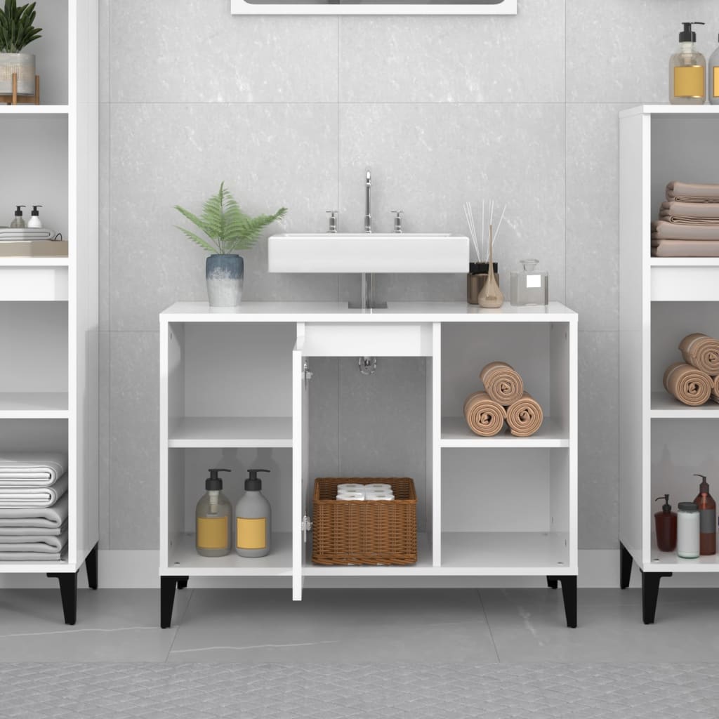 vidaXL Single Door 4 Shelf Gloss White Washbasin Cabinet - image 3