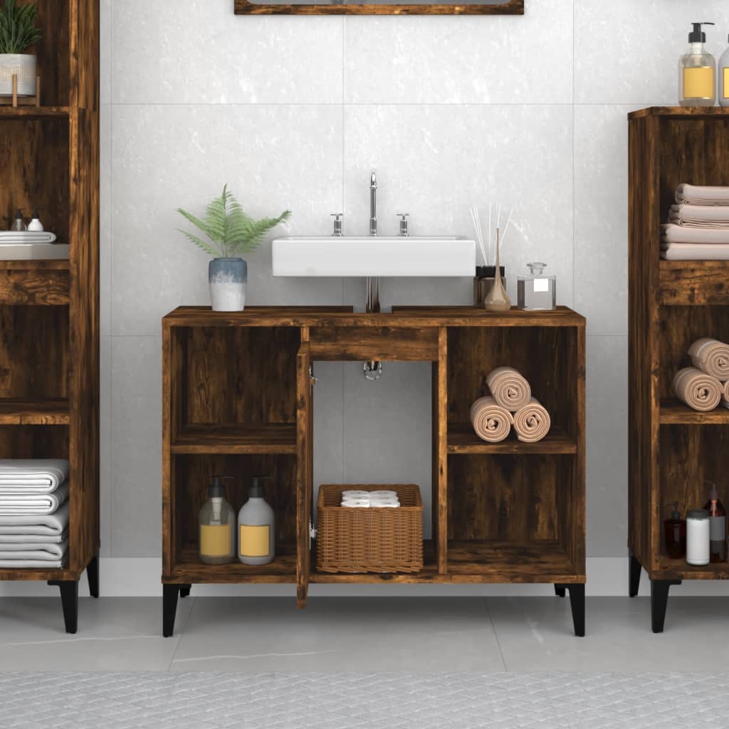 vidaXL Single Door 4 Shelf Smoked Oak Freestanding Under Sink Bathroom Cabinet - image 3