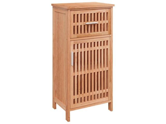 Solid wood bathroom cabinet in walnut brown, featuring a top drawer with a slatted design and a lower cabinet with a matching slatted door, measuring 42x29x82 cm.