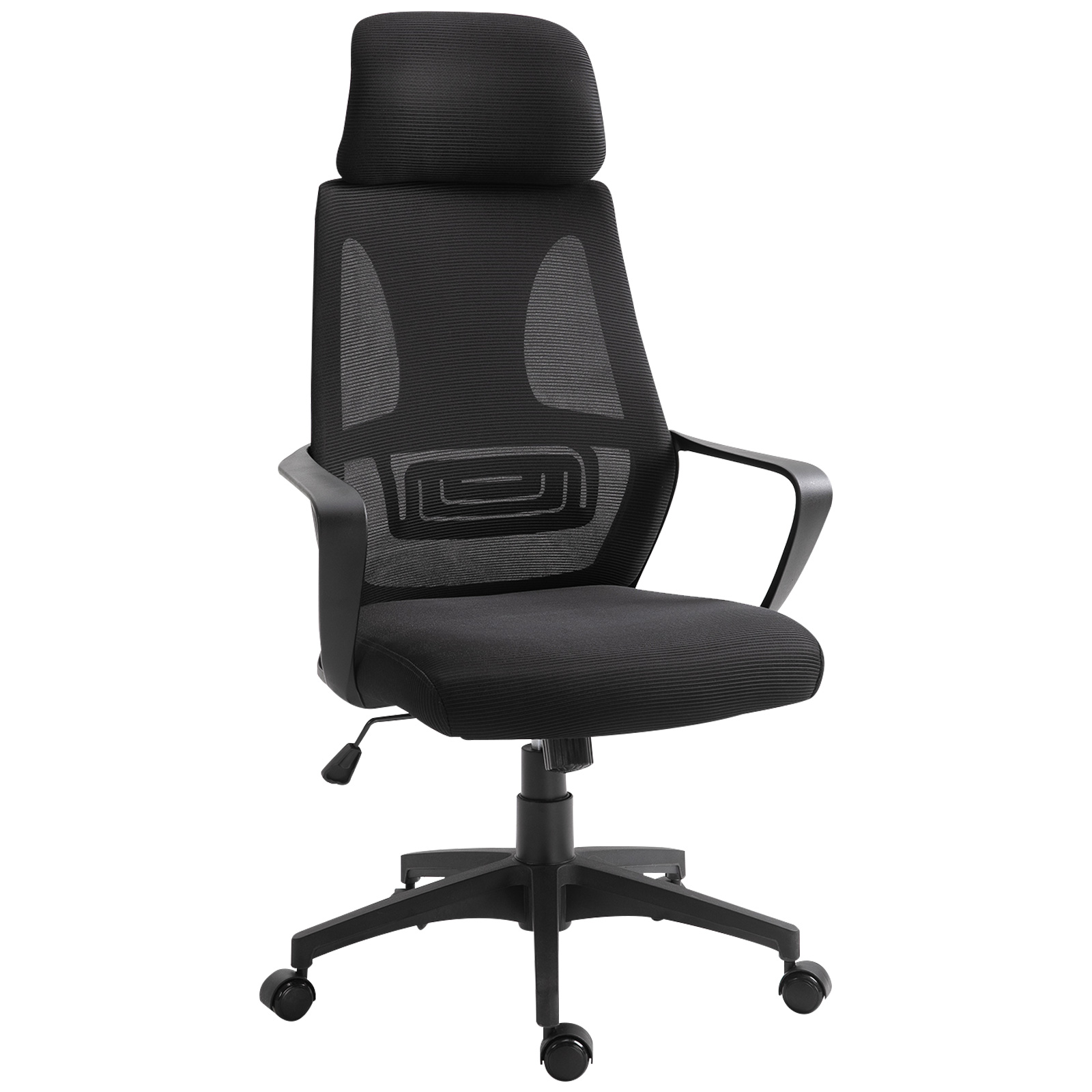 Black ergonomic office chair with a high back, mesh fabric, adjustable lumbar support, headrest, and rolling wheels, featuring a sleek design and armrests.
