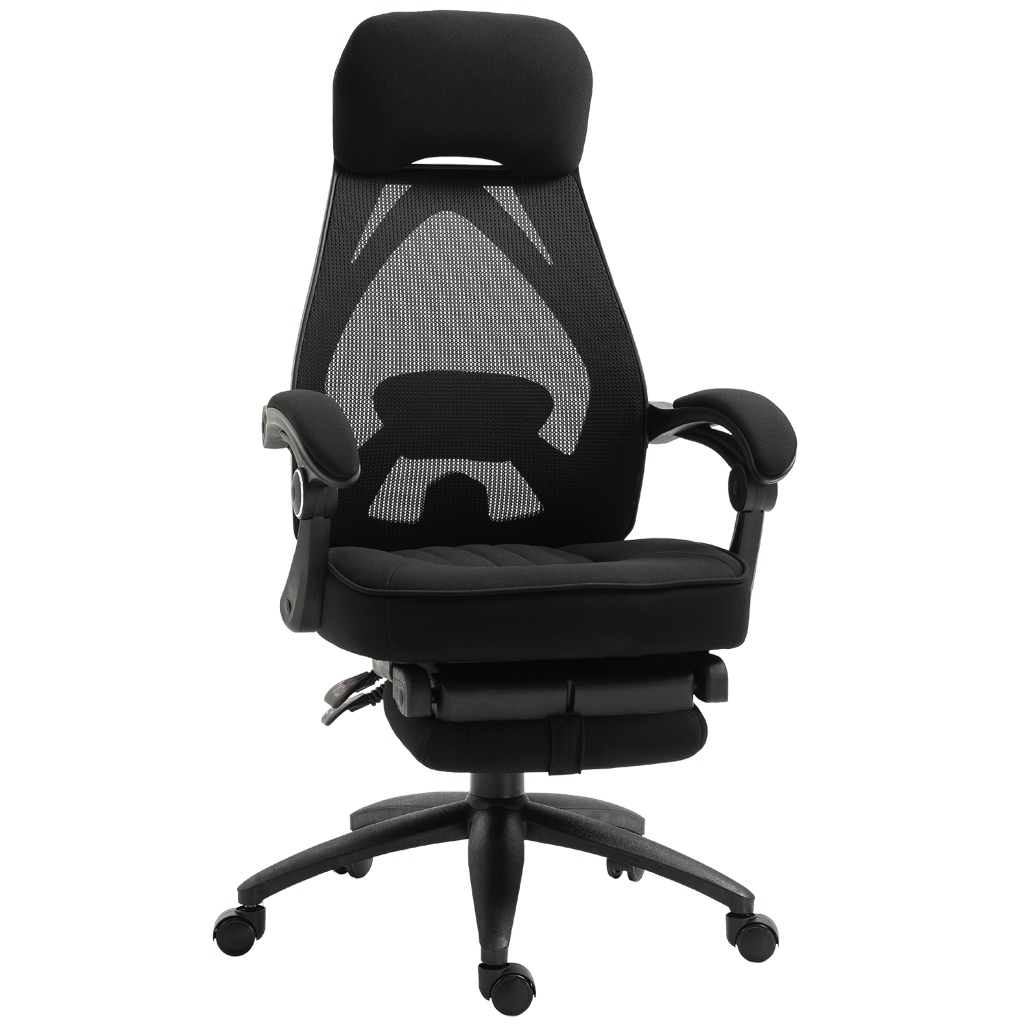Black Vinsetto home office chair featuring adjustable lumbar support, high back with headrest, footrest, and mesh material for breathability, mounted on a five-wheel base.