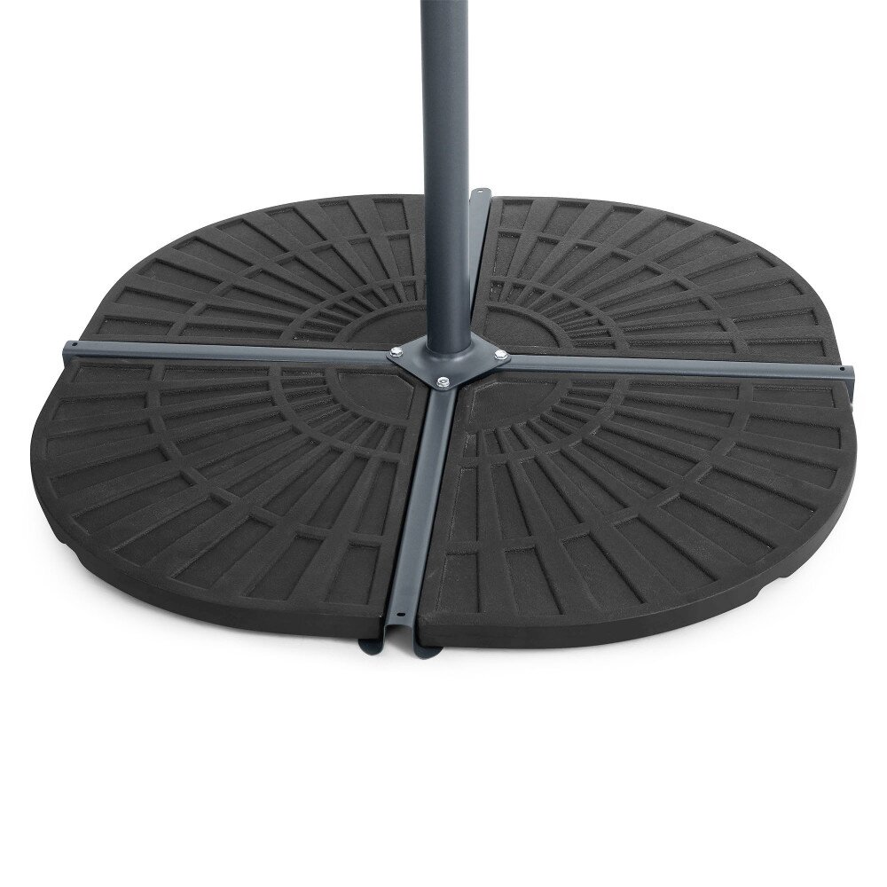 Black rubber parasol base with a textured circular design and metal support arms, designed to securely hold a banana parasol in place.
