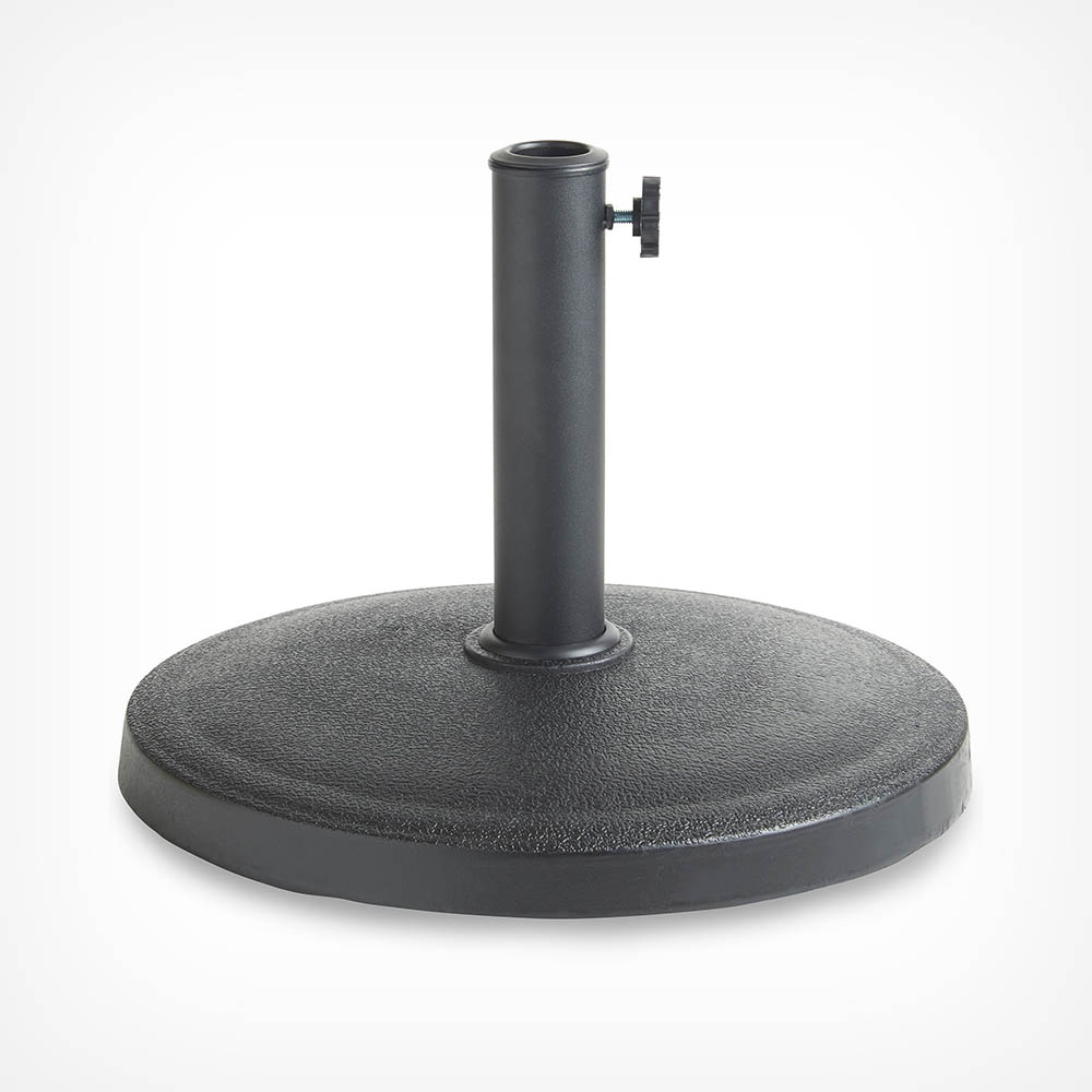 Black 12kg parasol base with a textured circular base and a central pole featuring a tightening screw for securing parasols.
