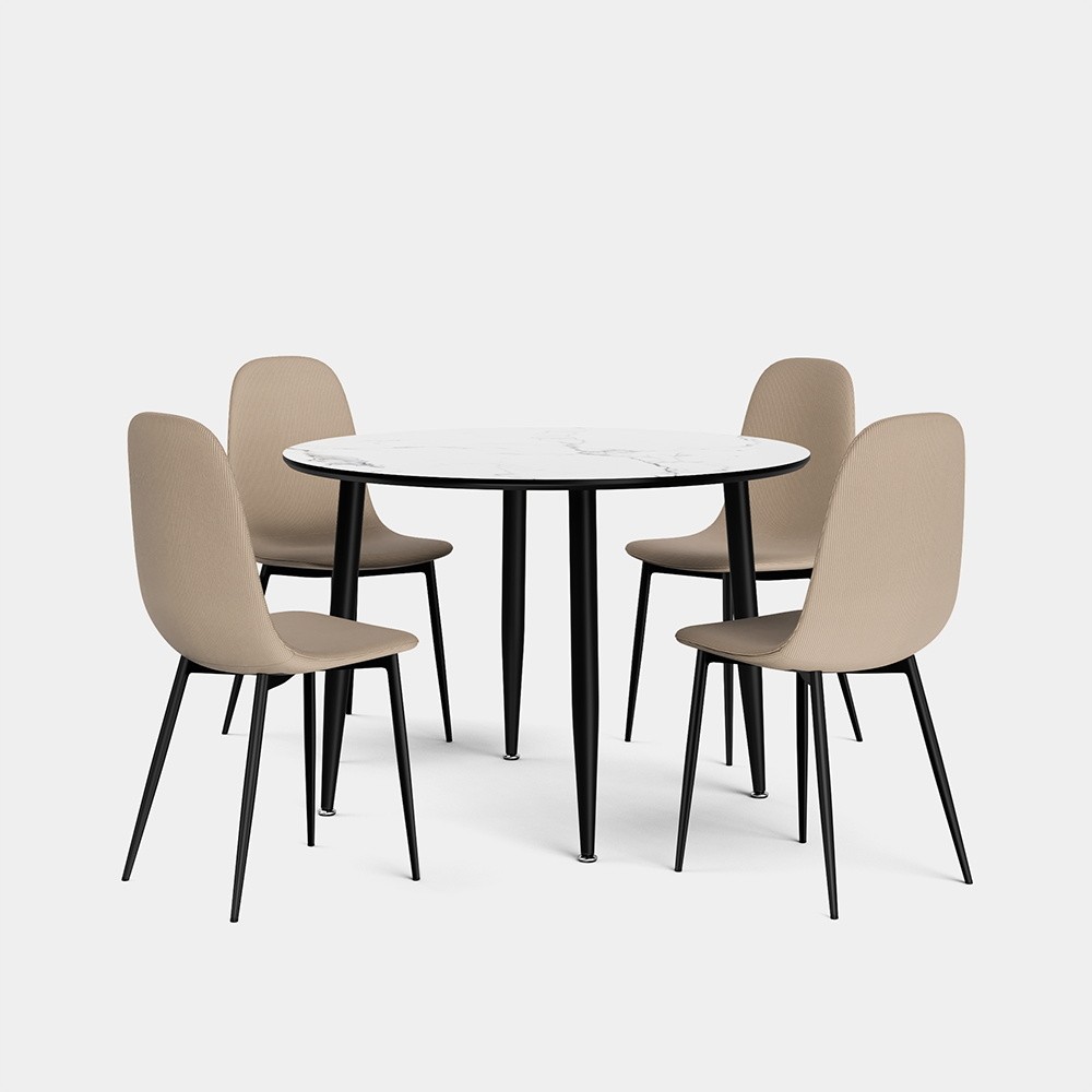 Circular dining table with a white marble effect top and four beige cord chairs, featuring sleek black legs for a modern look.