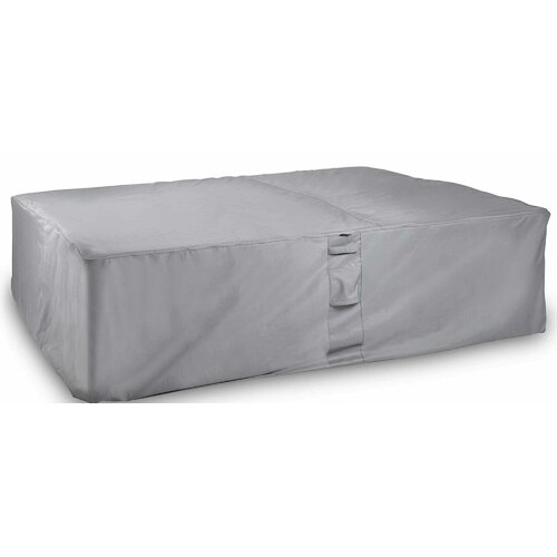 Grey furniture set cover measuring 250 x 200 x 80 cm, made from durable material with a secure fastening at the front for protection against weather elements.