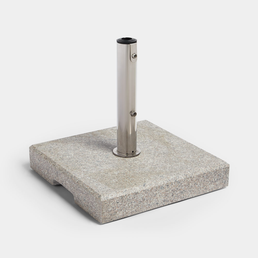 Grey granite parasol base weighing 22kg, featuring a stainless steel pole holder and a sturdy square design for stability.