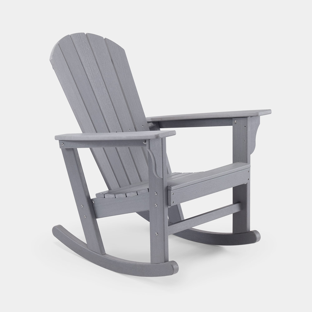 Grey rocking Adirondack chair made of durable wood, featuring a slatted backrest, wide armrests, and a sturdy base for comfortable outdoor relaxation.