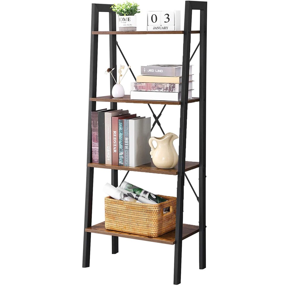 4-tier ladder bookshelf featuring a walnut finish with black metal frame, showcasing books, decorative items, and a woven basket on the lower shelf.