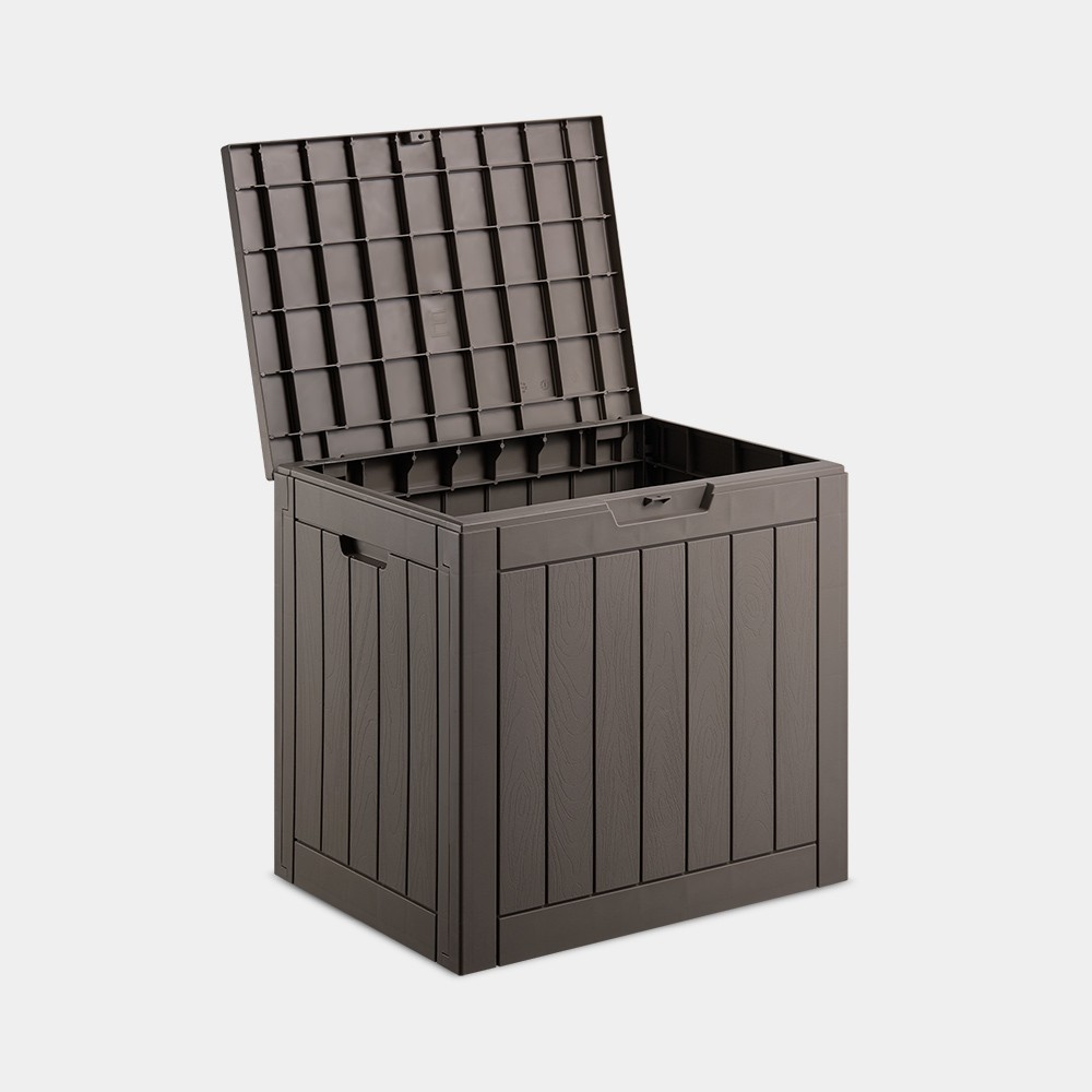 Grey waterproof garden storage box with a textured finish, 118L capacity, featuring a hinged lid and side handles for easy access.