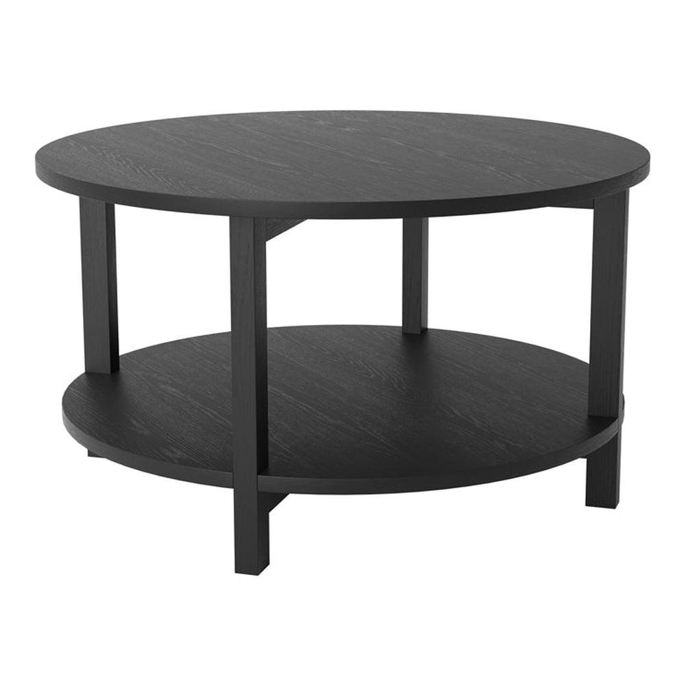 Round black coffee table with a stylish matte grain design, featuring a lower shelf for storage, supported by sturdy legs.