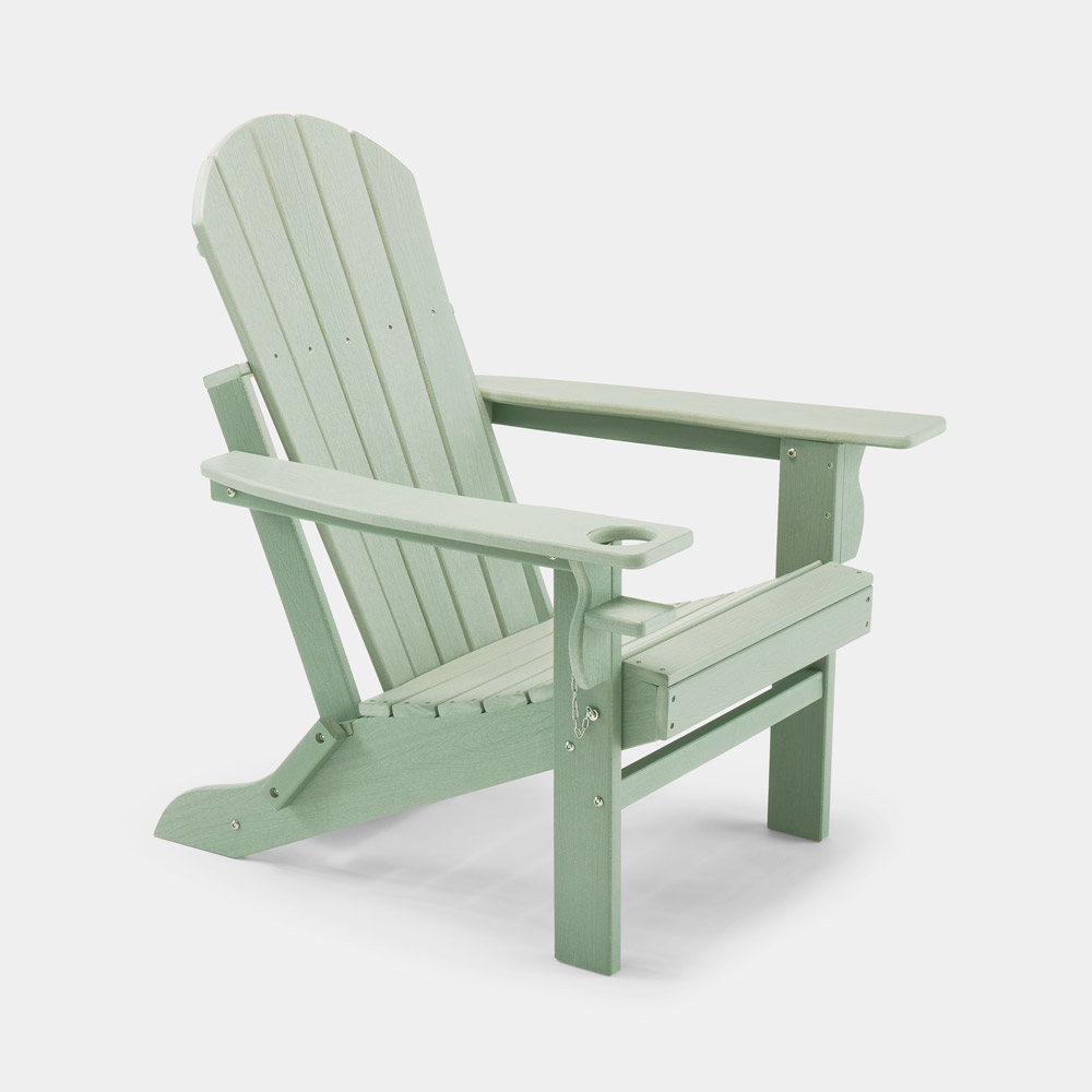Set of 2 green folding garden chairs with a classic Adirondack design, made from durable materials, featuring wide armrests and a slatted back for comfort.