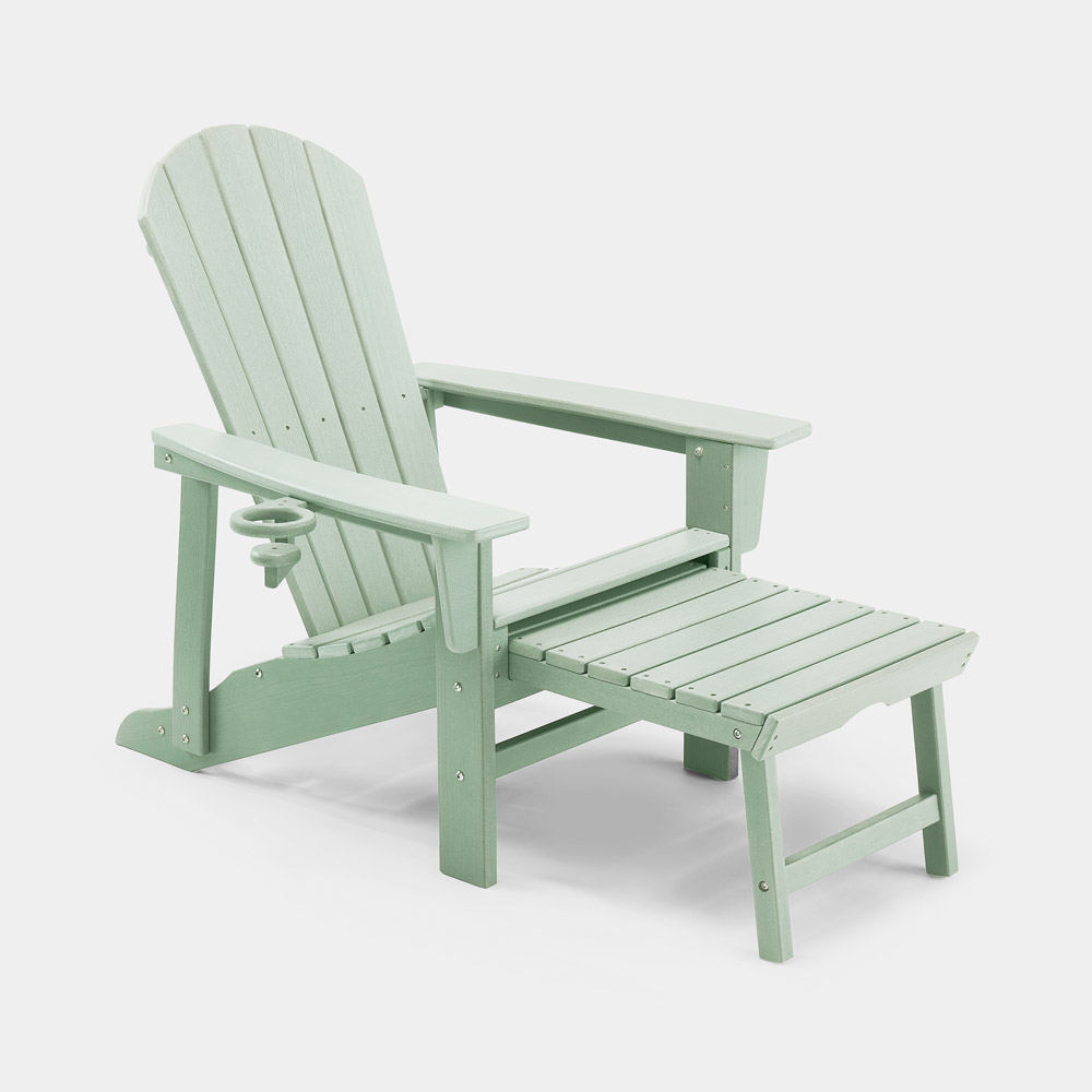 Set of 2 light green wooden garden chairs with a matching footstool, featuring slatted backs, wide armrests, and a drink holder on one chair.