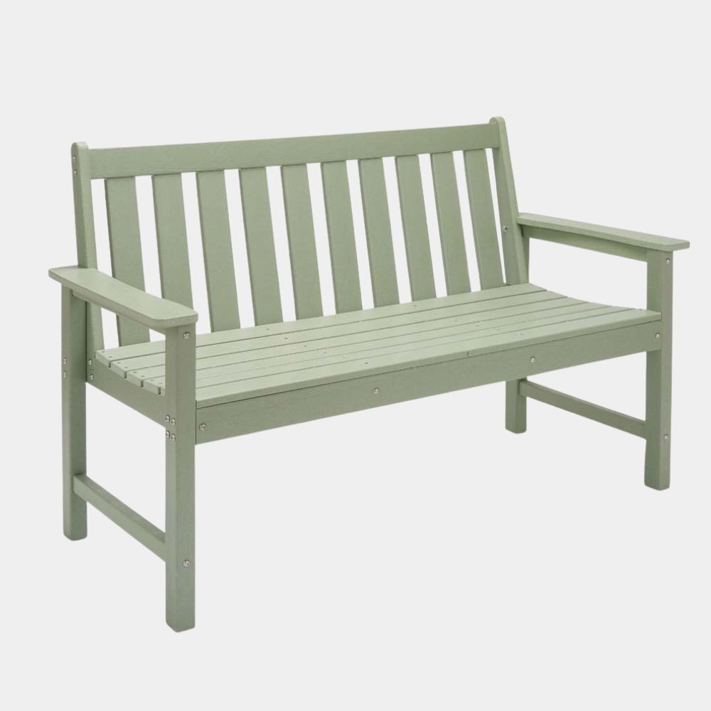 Westport Green Garden Bench by VonHaus features a slatted design in a soft green color, made of durable wood, with armrests and a sturdy frame for outdoor use.