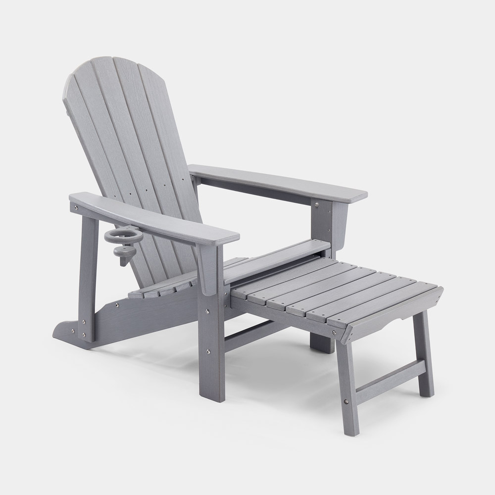 Set of 2 grey wooden garden chairs with a matching footstool, featuring a slatted backrest, wide armrests, and a sturdy design for outdoor relaxation.