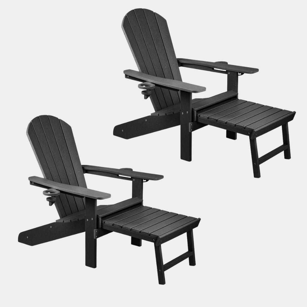 Set of 2 black garden chairs with a slatted design, featuring wide armrests and matching footstools, made of durable material for outdoor use.