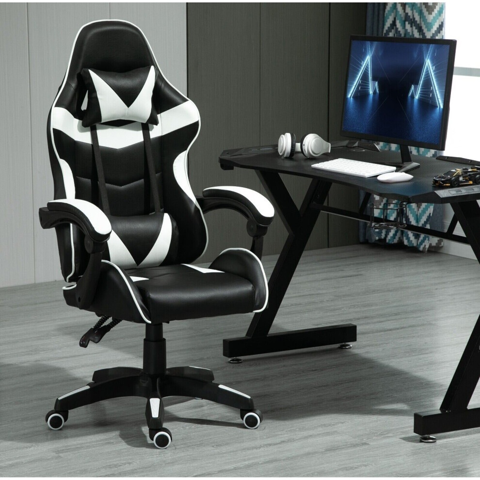 MCC Direct gaming chair in black and white, featuring a sleek design, adjustable tilt and swivel functions, padded armrests, and a comfortable ergonomic shape, set in a modern office environment.