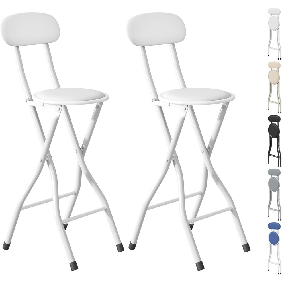 Two white folding bar stools with round seats and backrests, featuring a sturdy metal frame, ideal for kitchens and restaurants, shown alongside color options.