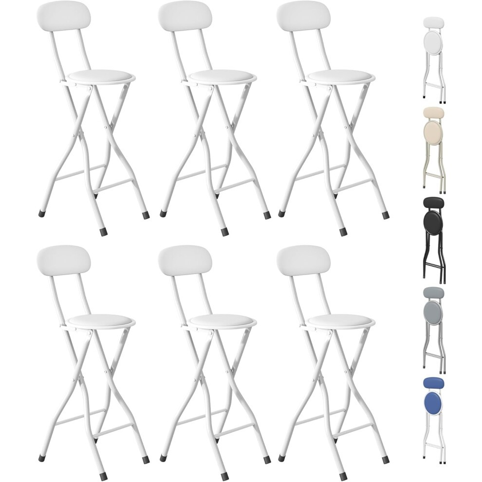 Set of six white folding bar stools with a smooth plastic seat and metal frame, featuring a curved backrest and rubber feet for stability.
