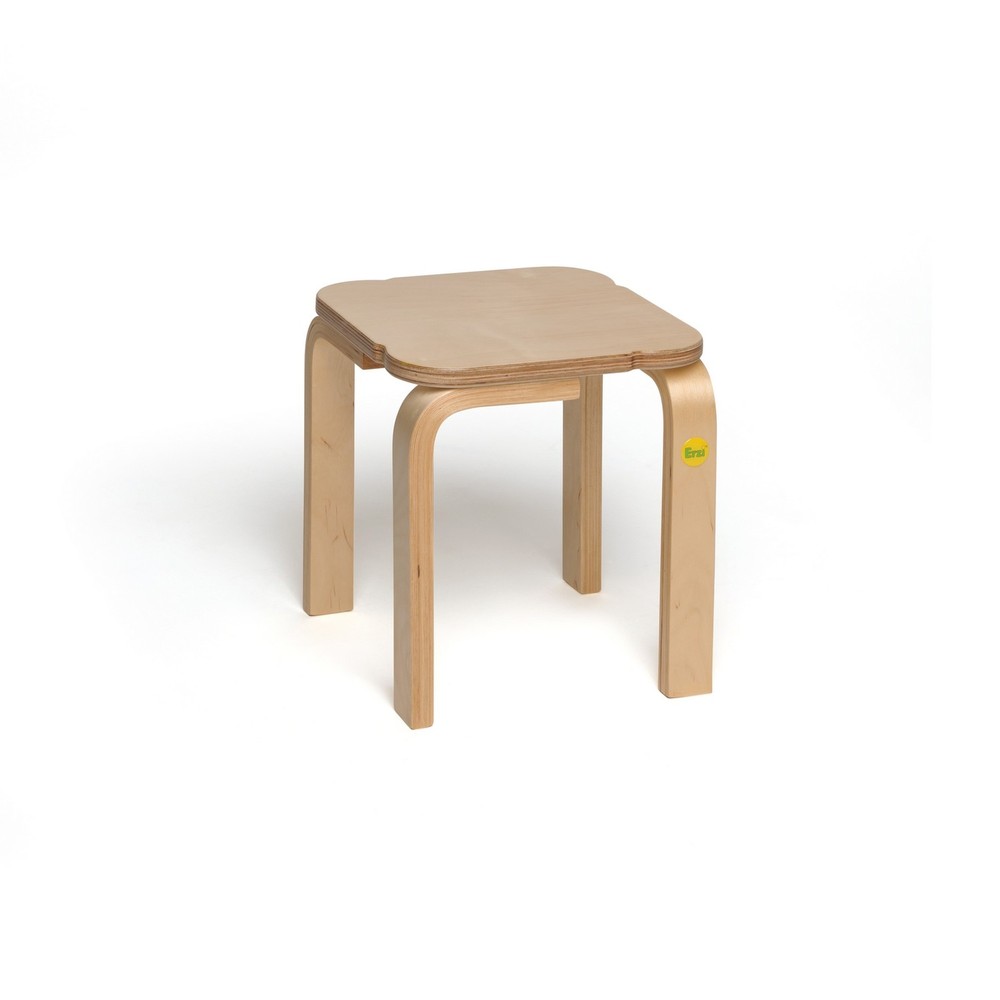 Square wooden stool in light natural wood with rounded edges and four curved legs, featuring a small yellow Erzi logo on one side.