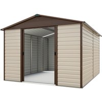 Beige and brown metal storage shed with shiplap design, apex roof, and sliding double doors.