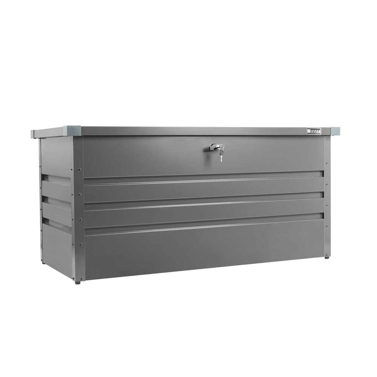 Gray metal garden storage box with a sleek design, featuring a secure locking mechanism and a spacious 130cm interior for outdoor storage.