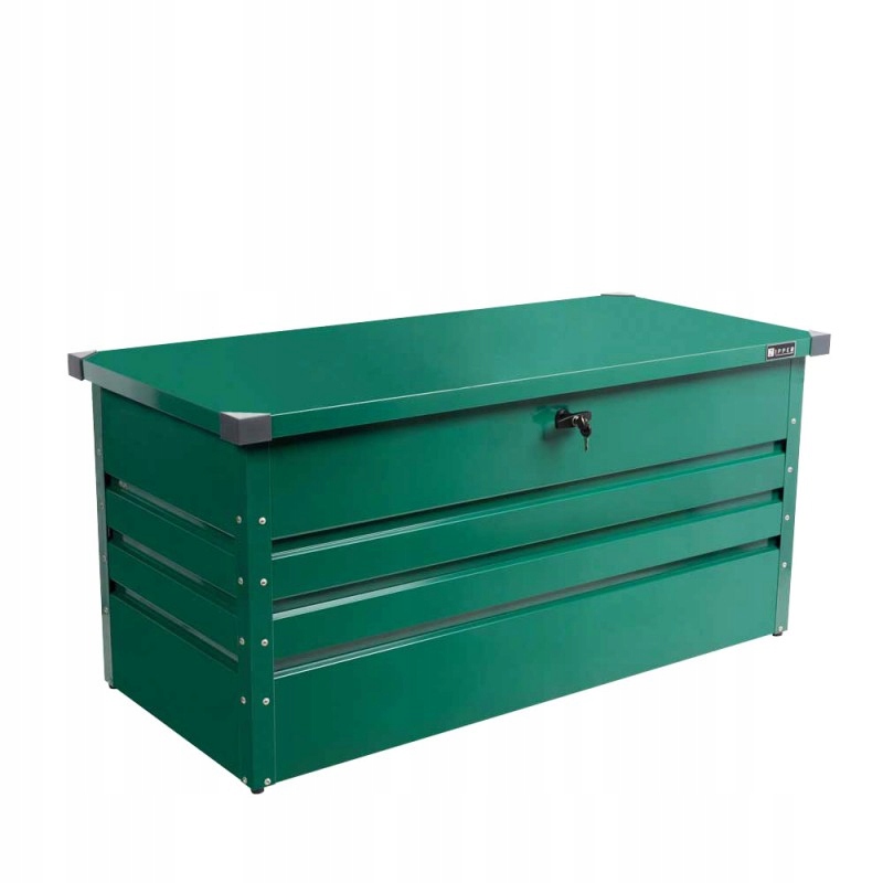 Green metal feed storage container with a 500L capacity, featuring a flat top, secure locking mechanism, and horizontal slats for ventilation.