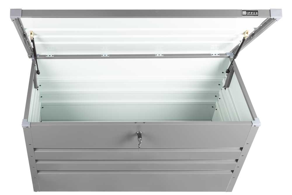 Gray and silver metal storage box by Zipper, measuring 165x70x62 cm, featuring a hinged lid and lock for secure storage.