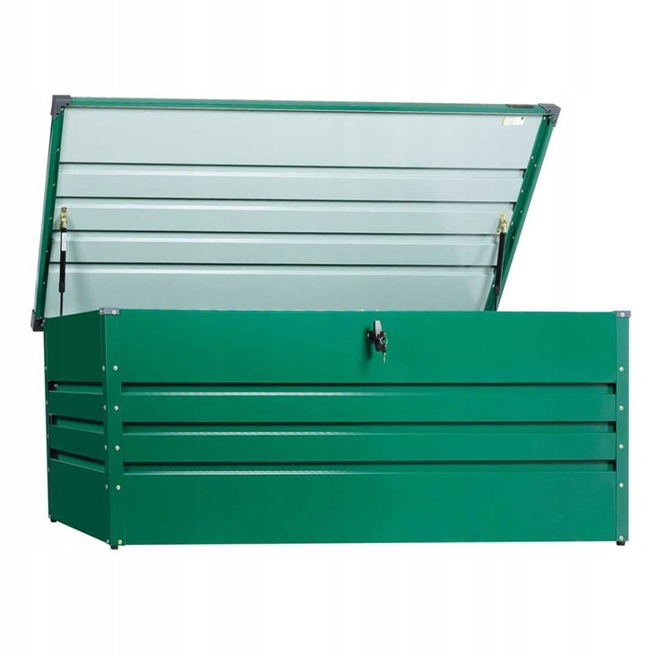 Green metal storage box by Zipper, measuring 165x70x62 cm, featuring a hinged lid and lockable design for secure storage.