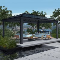 Grey Palram Canopia Dallas gazebo with metal frame, sloped roof, and open sides, set in a garden with trees and patio.