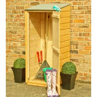 Shire wooden garden store with sloped roof, open door, and tools inside, against a brick wall.