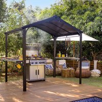 Black metal BBQ shelter gazebo with arched roof, open sides, and sturdy frame on wooden deck.
