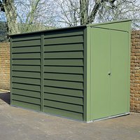 Green metal garage with horizontal panels, secure door, and sloped roof, designed for motorcycle storage.
