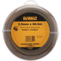 Dewalt 2.5mm string trimmer line, 68.6m length, coiled in a clear plastic case with yellow and black label.
