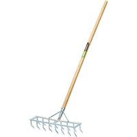 Long-handled steel harrow rake and scarifier with wooden handle and metal tines, by Draper.